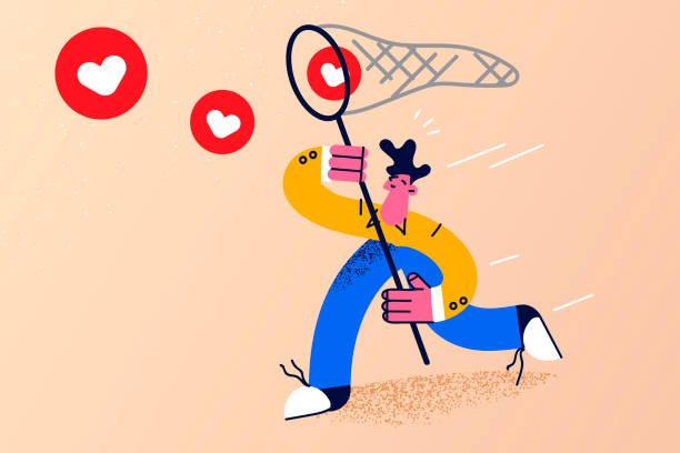 Digital reputation: A stylized illustration of a person using a net to catch social media likes, symbolizing online engagement and reputation management.