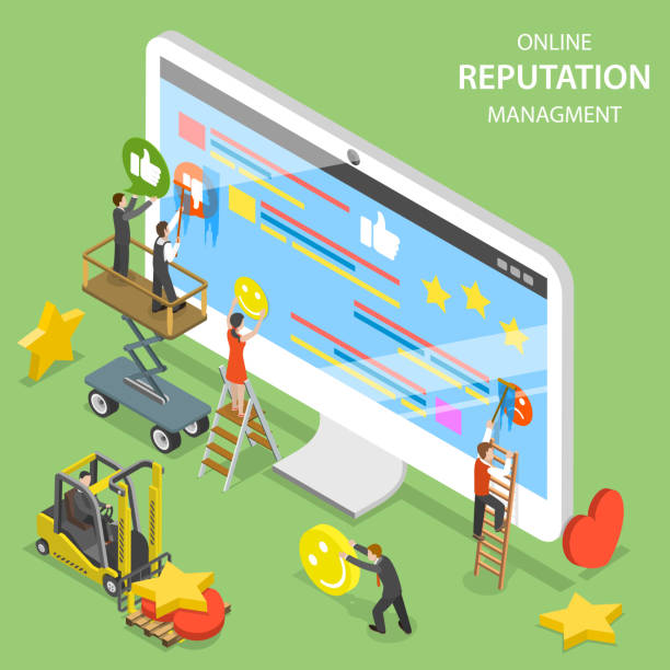  Digital reputation management concept with isometric people working on a giant computer screen, enhancing online reviews, ratings, and social media feedback.