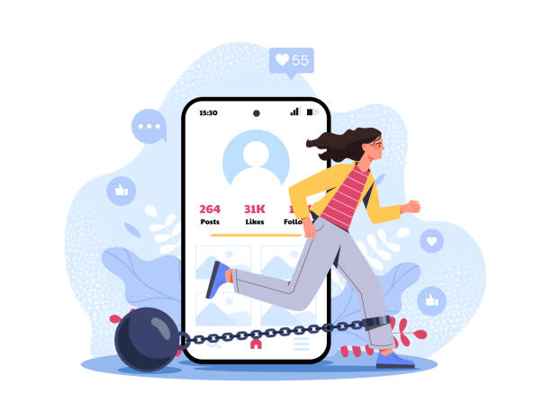 Social media as a burden, illustrated by a woman trying to run while chained to a giant smartphone.
