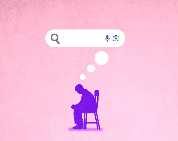 Google search bar appears as a thought bubble above a sad man sitting on a chair, symbolizing online concerns and digital identity.