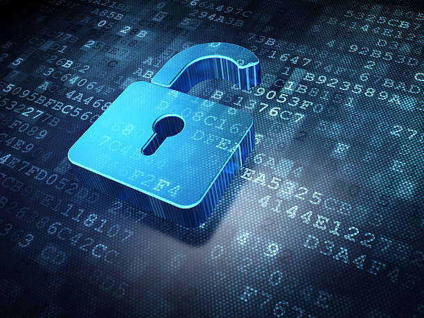 Data security breach concept with an open padlock on a digital background.
