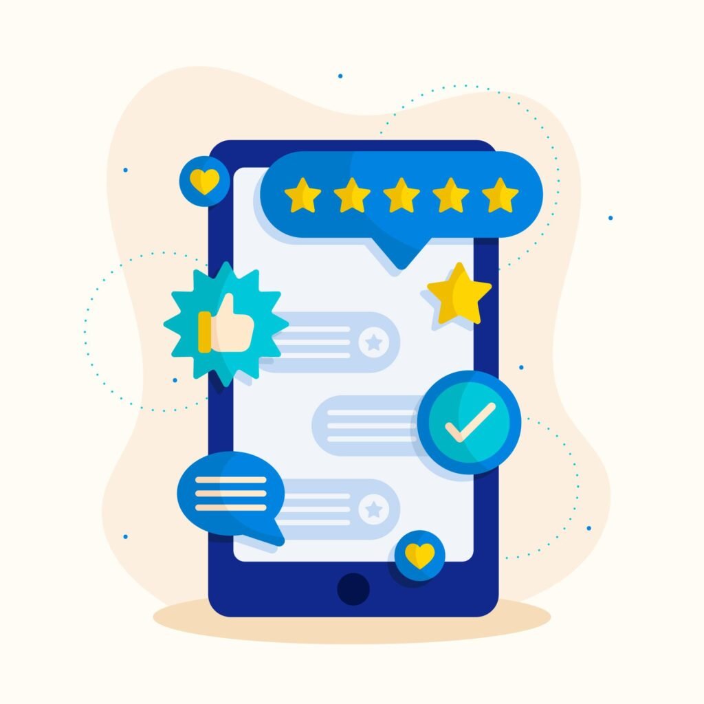 Five-star customer review displayed on a smartphone screen illustrative of positive customer reviews