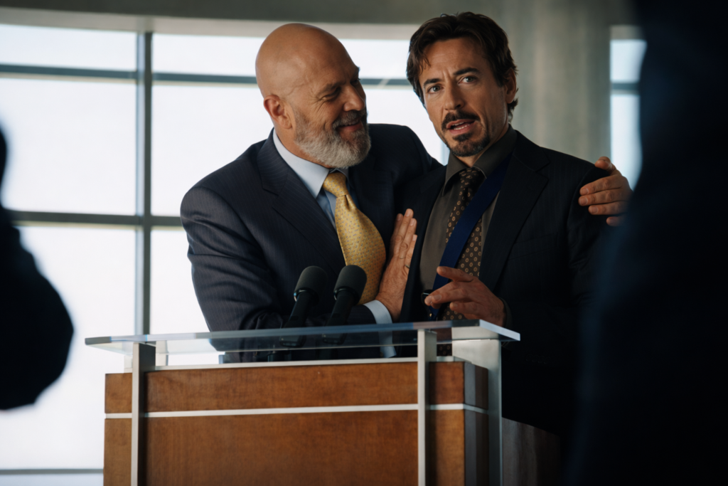 A corporate press conference moment where a company executive appears uneasy while being guided at a podium, symbolizing how public apologies can complicate reputation management.