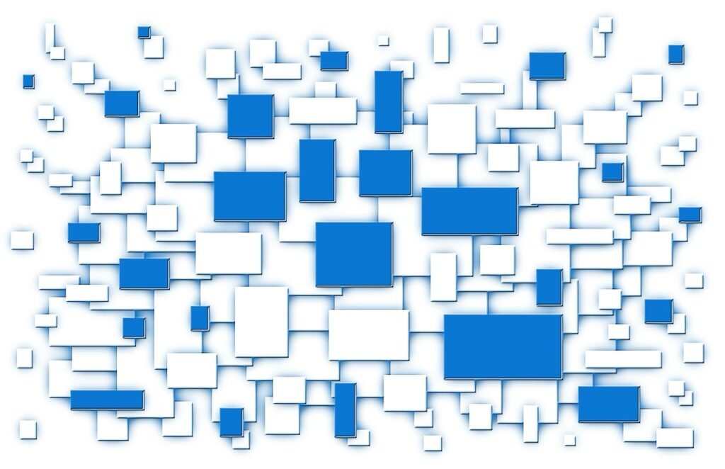 Abstract network of blue and white blocks symbolizing online links, reputation signals, and the structure of negative search results management.