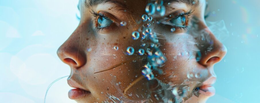 A split-face portrait symbolizing a brand and its copycat Doppelgänger reflection, representing how duplicate brands can outperform originals through cleaner online reputations.