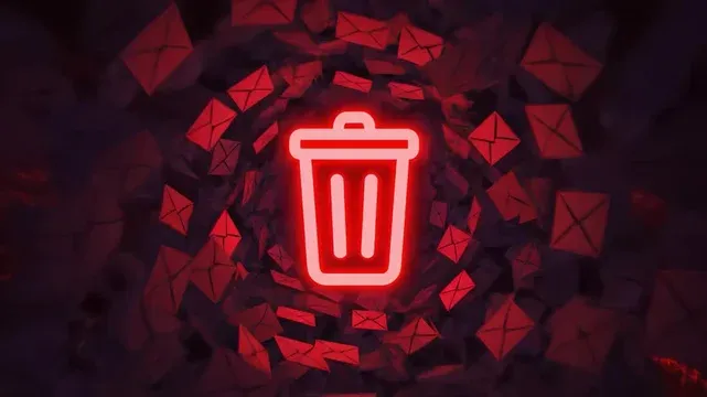 Red glowing trash bin icon surrounded by digital envelopes, symbolizing online content deletion and its limited impact on reputation management.