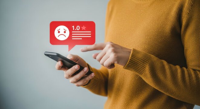 Person viewing a one-star online review on a smartphone, symbolizing fake reviews and online reputation attacks by competitors or trolls.