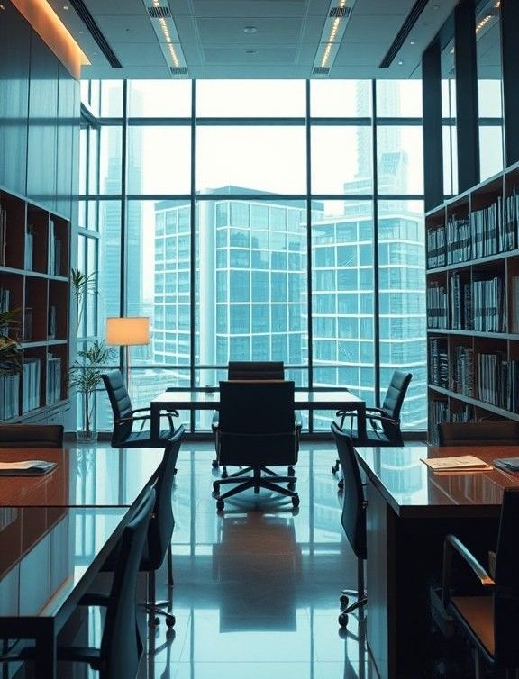 Attorney reviewing case documents at a law office desk